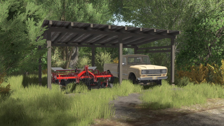 fs25-mods, FS25 mod Small Wooden Shed v1.0.0.0 with farm equipment and truck underneath in lush landscape.