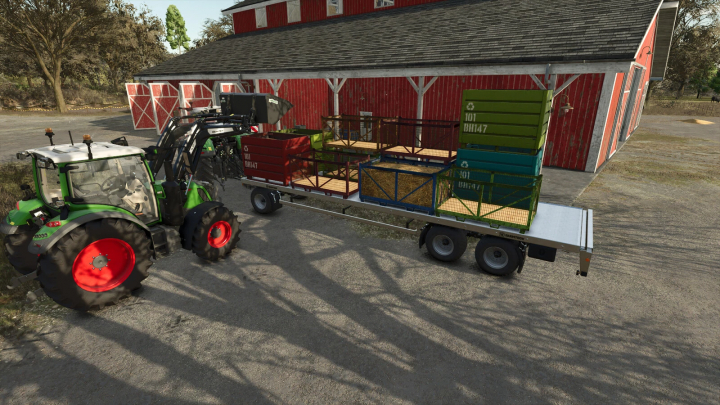 fs25-mods, FS25 mod Storage Pallets v1.0.0.0: A tractor with attached trailer loaded with various pallets in front of a red barn.