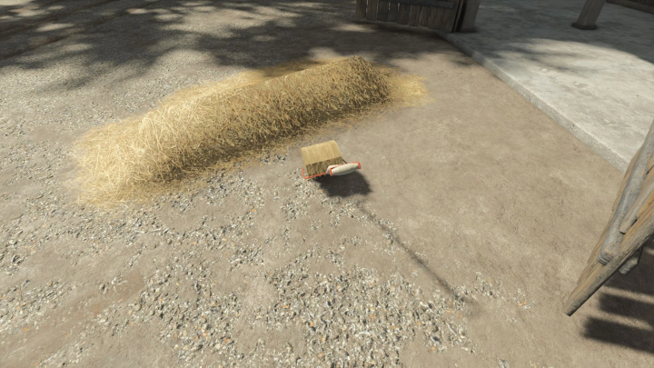 fs25-mods,  Straw fork mod v1.0.0.0 for FS25 with a pile of straw on a gravel surface.