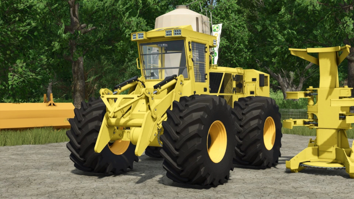 fs25-mods,  Tigercat 724G Forestry mod in FS25, showcasing a yellow logging machine with large tires, set in a forest environment.