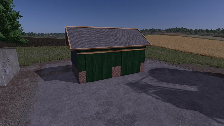 fs25-mods, FS25 mod Unterstand v1.0.0.0 featuring a green storage shed in a rural farm setting.