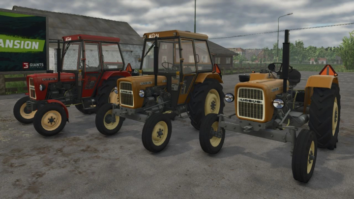 fs25-mods, Three Ursus C330-C330M tractors mod for FS25 displayed on a farm scene.