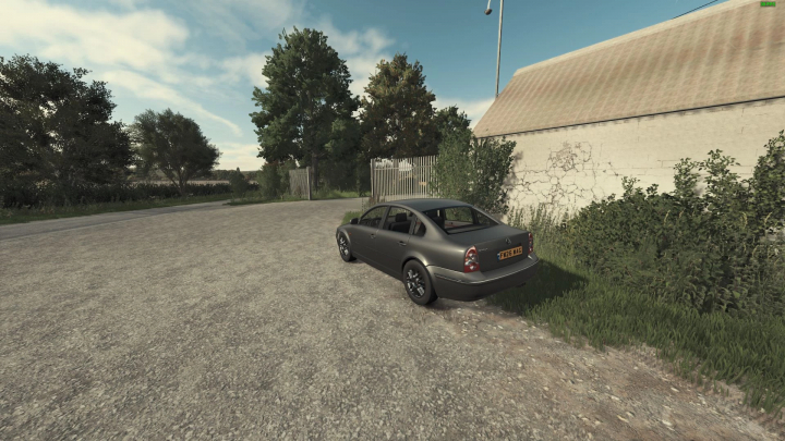 fs25-mods, Volkswagen Passat B5 FL mod in Farming Simulator 25, parked on a country road near trees and a building.