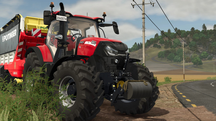 fs25-mods, FS25 mod: Red tractor with Weight Pack 650-900 v1.0.0.0 on rural road