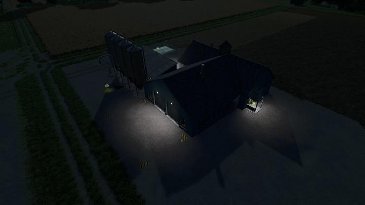 fs25-mods, Outdoor view of Wholesale v1.0.0.0 mod building in FS25, lit at night with farm silos and surrounding fields.