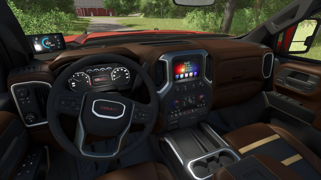 Interior view of the 2020 GMC Sierra Denali AT4 mod in FS25, showcasing a detailed dashboard and steering wheel.