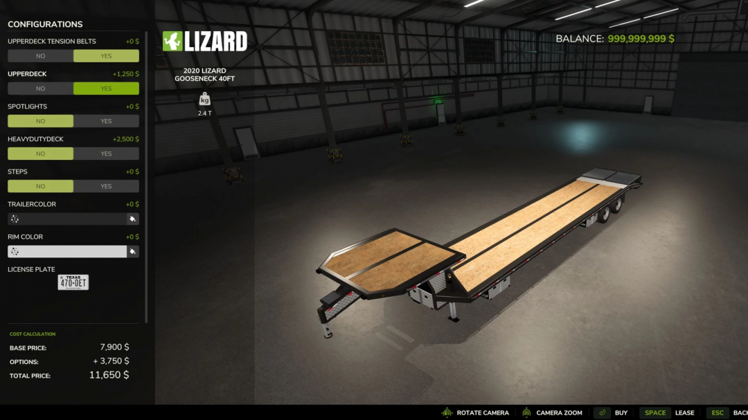 FS25 mod 2020 Lizard Gooseneck v1.0.0.5 trailer in a garage with customization options and total cost displayed.