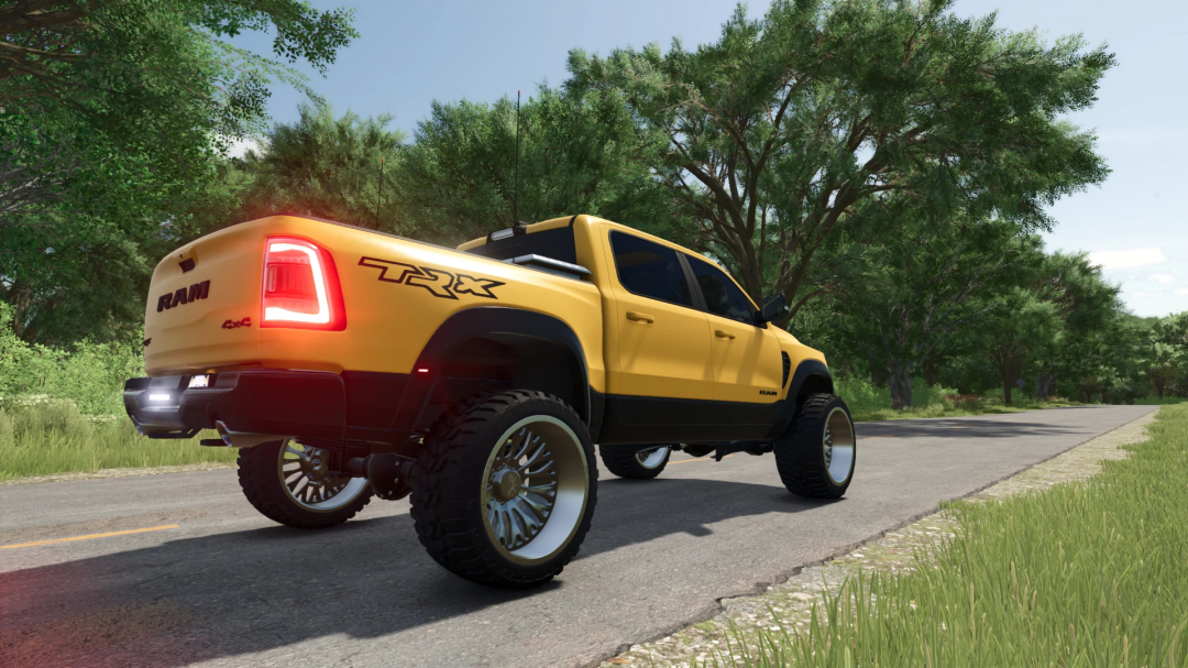 2021 Ram TRX mod in Farming Simulator 25, depicted on a road with lush greenery, highlighting FS25 mods.