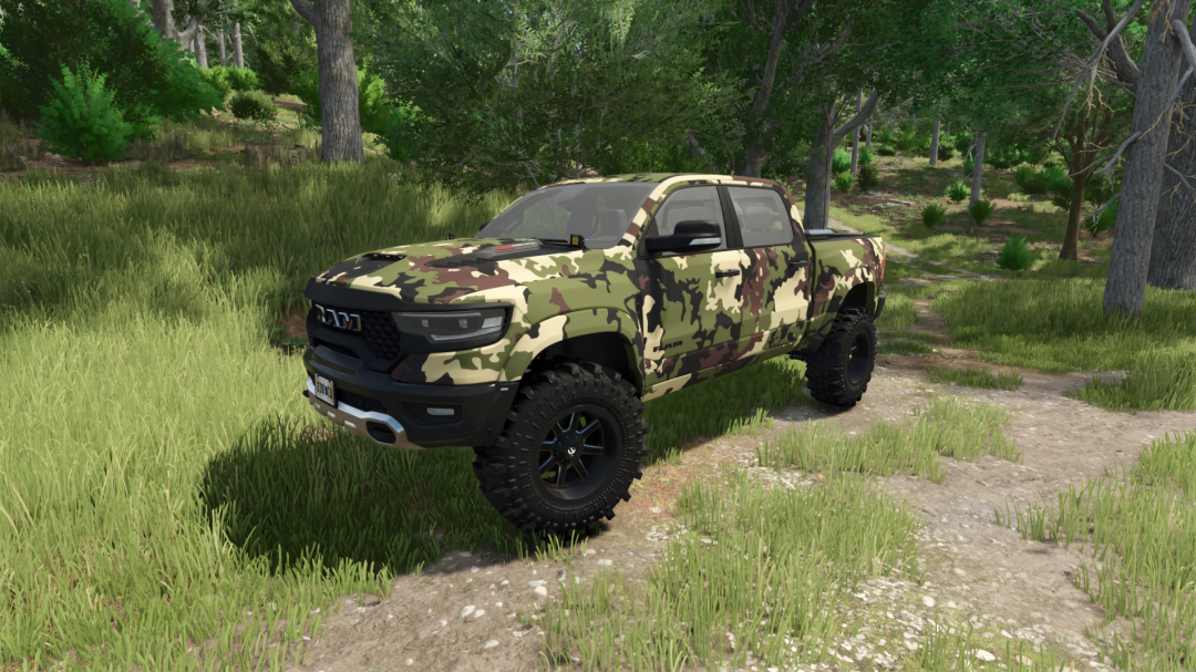 Camo 2021 Ram TRX mod in FS25, parked on a forest trail.