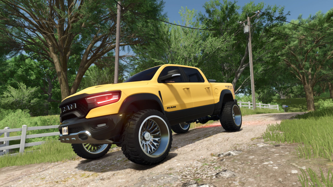 Yellow 2021 Ram TRX mod for Farming Simulator 25 on a dirt road, surrounded by trees. FS25 mods enhance gameplay realism.