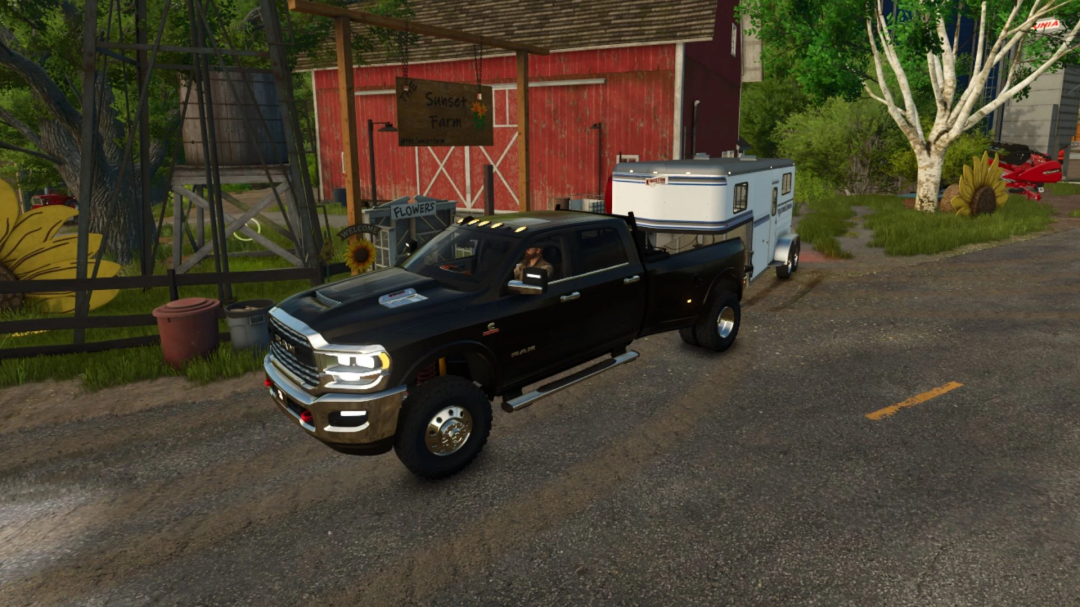 FS25 mod: 2024 Dodge Ram 3500 CrewCab towing a trailer at a farm in Farming Simulator 25.