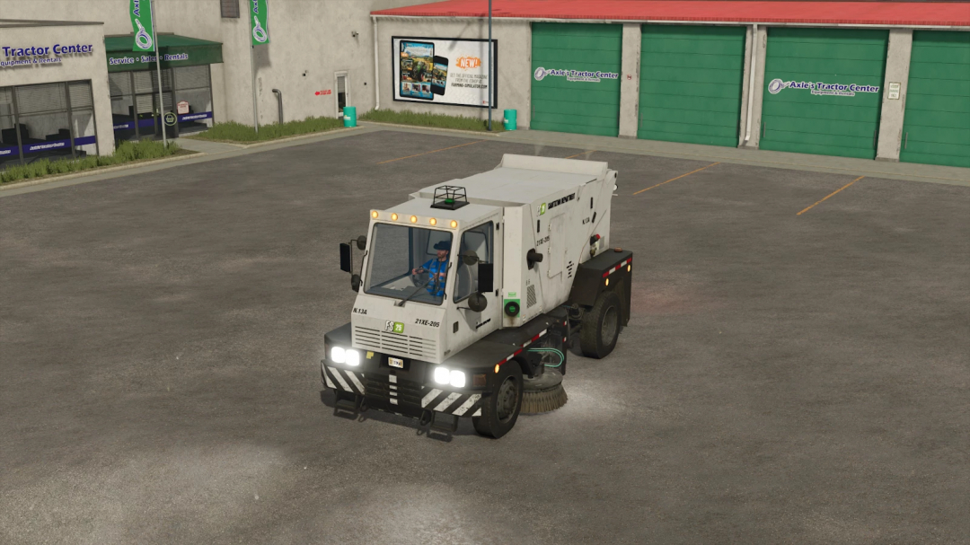 21XE205 Sweeper mod in FS25 cleaning a parking lot.