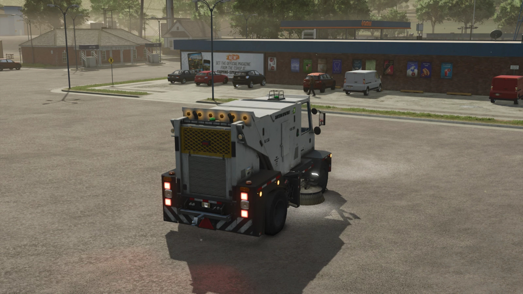 21XE205 Sweeper mod in FS25, shown in a parking lot setting