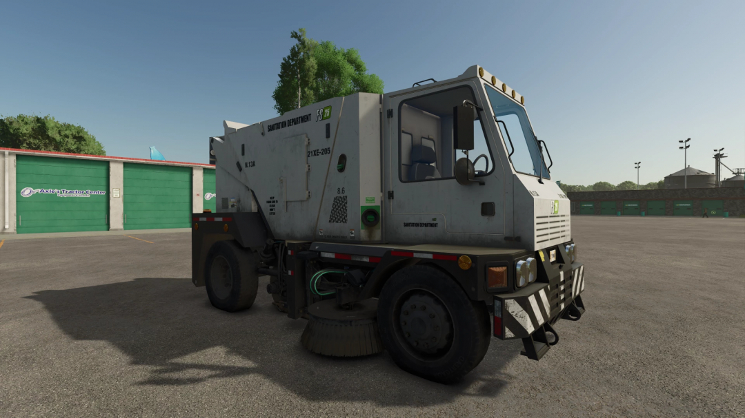 21XE205 Sweeper mod in FS25, showcasing a sanitation truck in a parking lot. FS25 mods for Farming Simulator 25.