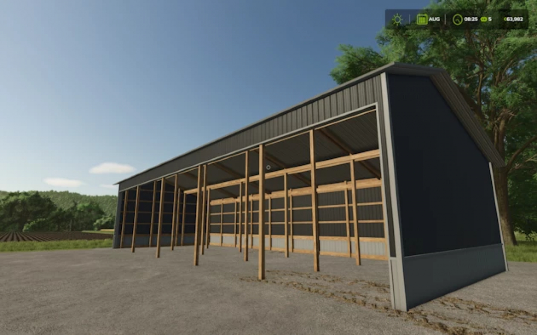 30x80 Three Sided Shed mod in FS25, featuring a large open structure with wooden beams and metal siding.