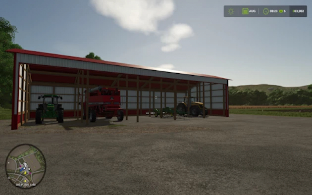 30x80 Three Sided Shed in Farming Simulator 25, featuring storage with farm vehicles. FS25 mods enhance gameplay.