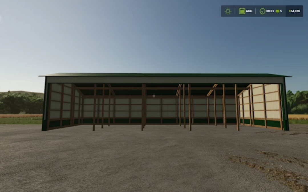 30x80 Three Sided Shed mod for FS25, featuring a large open structure with wooden framing. Ideal for Farming Simulator 25 gameplay.