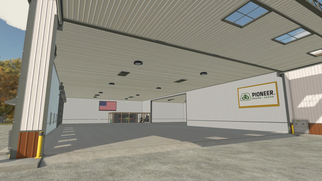 Interior of 3 Stars Workshop mod for Farming Simulator 25, featuring spacious garage area with American flag and Pioneer brand sign.