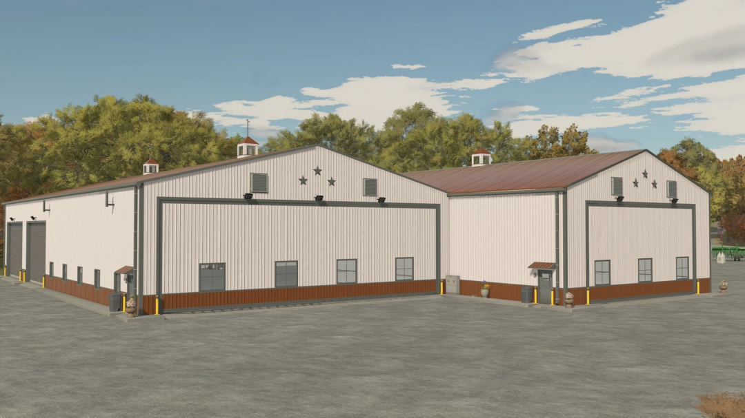 3 Stars Workshop mod for Farming Simulator 25, featuring a large white workshop building with three stars on its facade. FS25 mods.