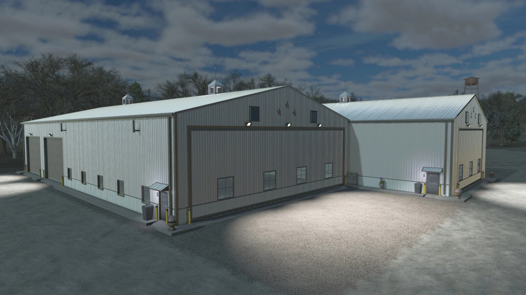 3 Stars Workshop mod in Farming Simulator 25 showcasing a large, well-lit workshop building at night.