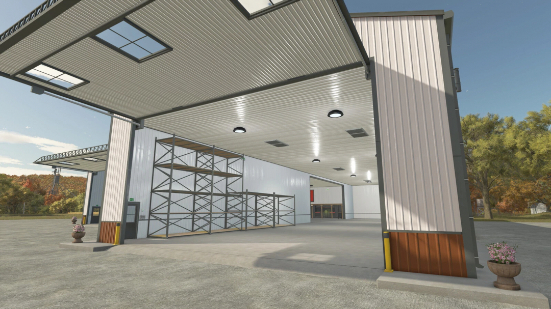 3 Stars Workshop mod in FS25 featuring an open-sided garage with shelving, ideal for organizing farming equipment.