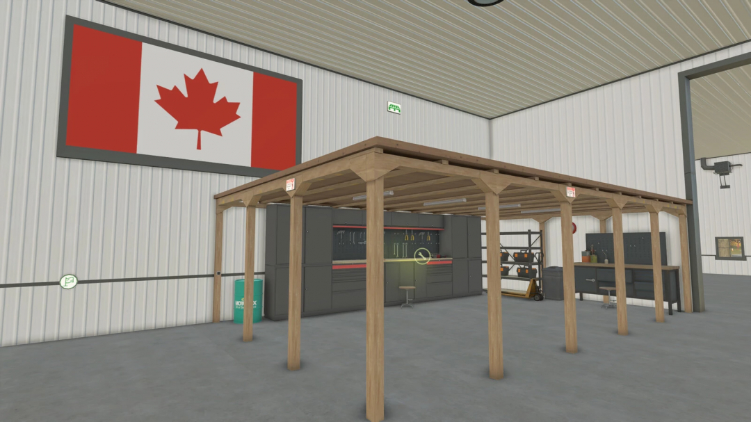 3 Stars Workshop mod in FS25 showing a garage interior with a Canadian flag and wooden workbench.