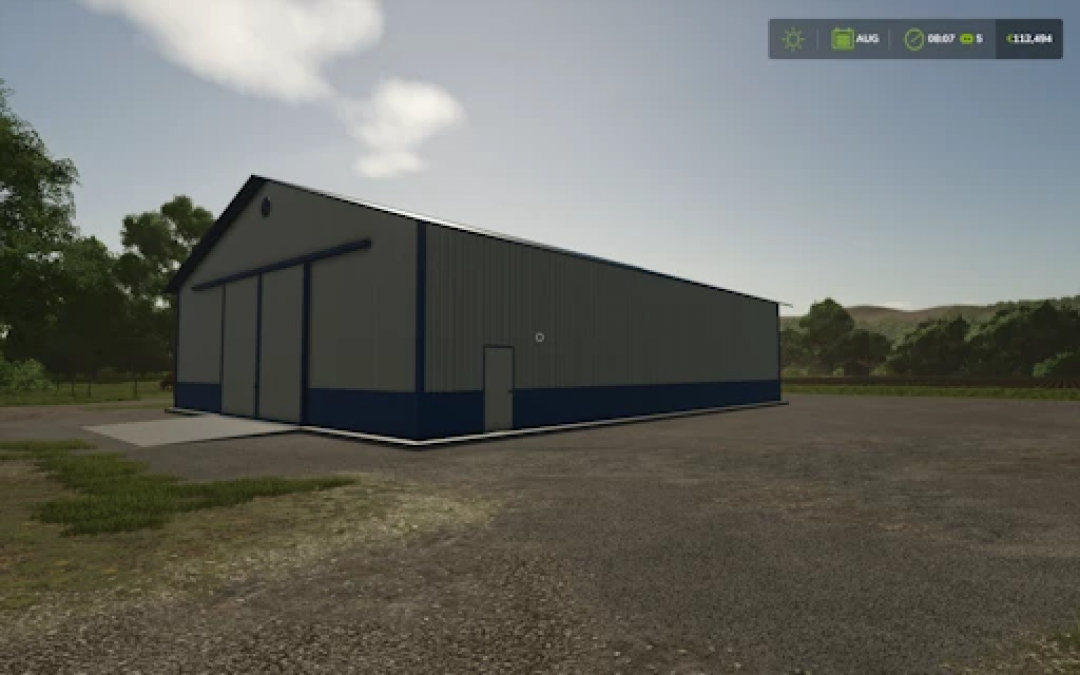 Image of the 54x72 Shed mod in FS25, a large metal structure with blue accents in Farming Simulator 25.