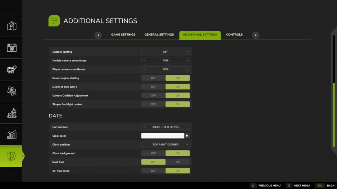 FS25 mods additional settings menu showing options like custom lighting and camera smoothness in Farming Simulator 25.