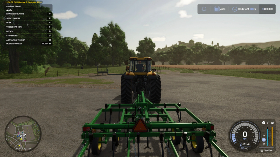 FS25 mod Additional Game Settings v1.0.0.0 showing a tractor and cultivator on a farm with interface controls on screen.