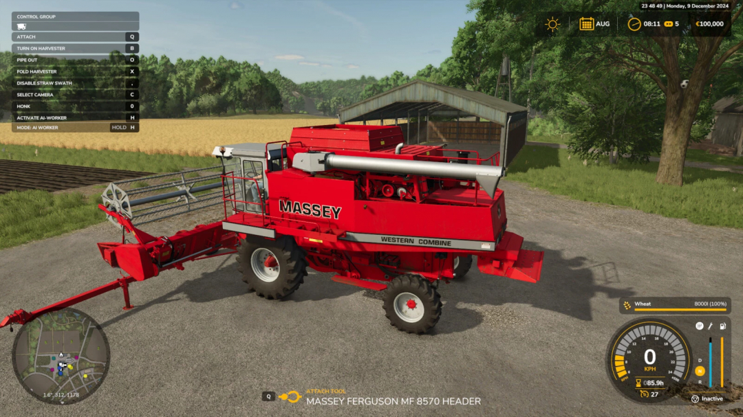 FS25 mod showcasing Massey Ferguson MF 8570 harvester near field, with additional game settings displayed.