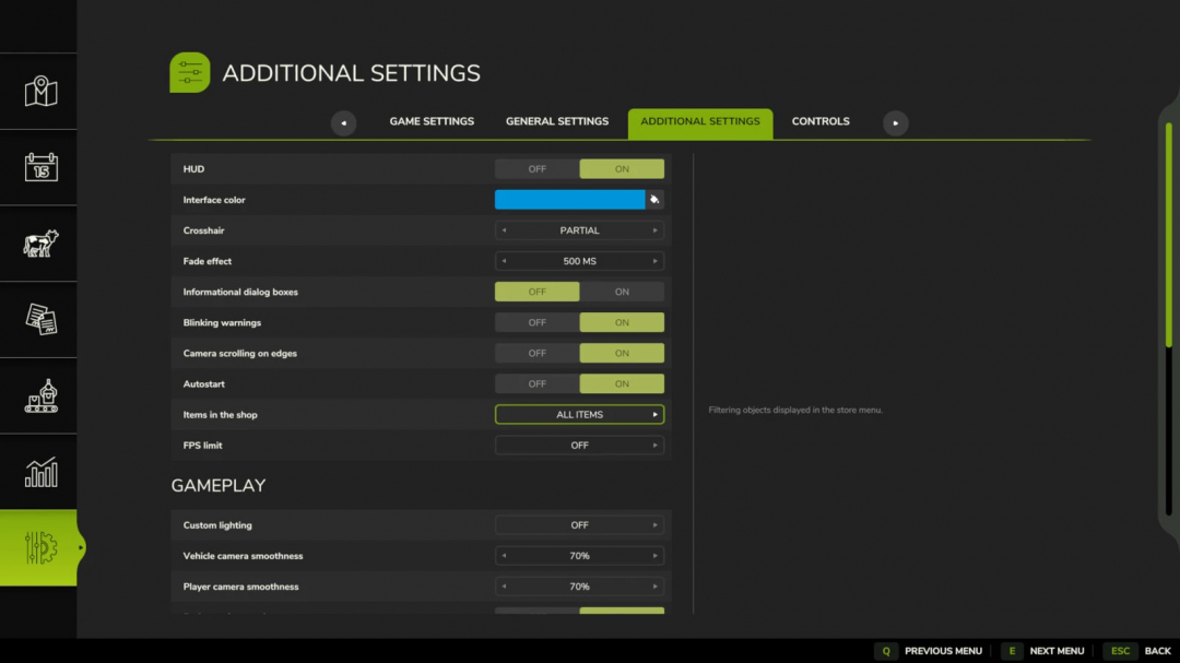 FS25 mods Additional Game Settings menu showcasing various toggle options for HUD, interface color, and gameplay settings.