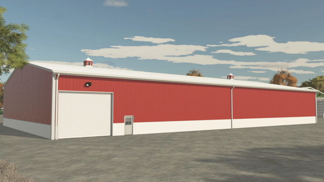 American Midwest Cold Storage mod in FS25, featuring a large red warehouse with a white roof.