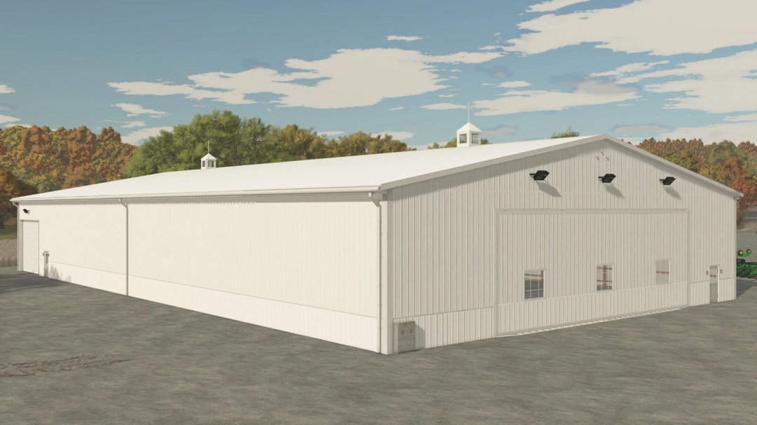 American Midwest Cold Storage mod for FS25 features a white storage building in a rural setting.