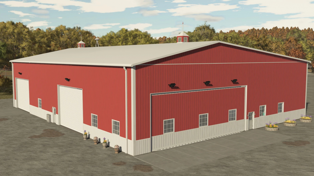 Large red maintenance shop mod in Farming Simulator 25, resembling an American Midwest style.