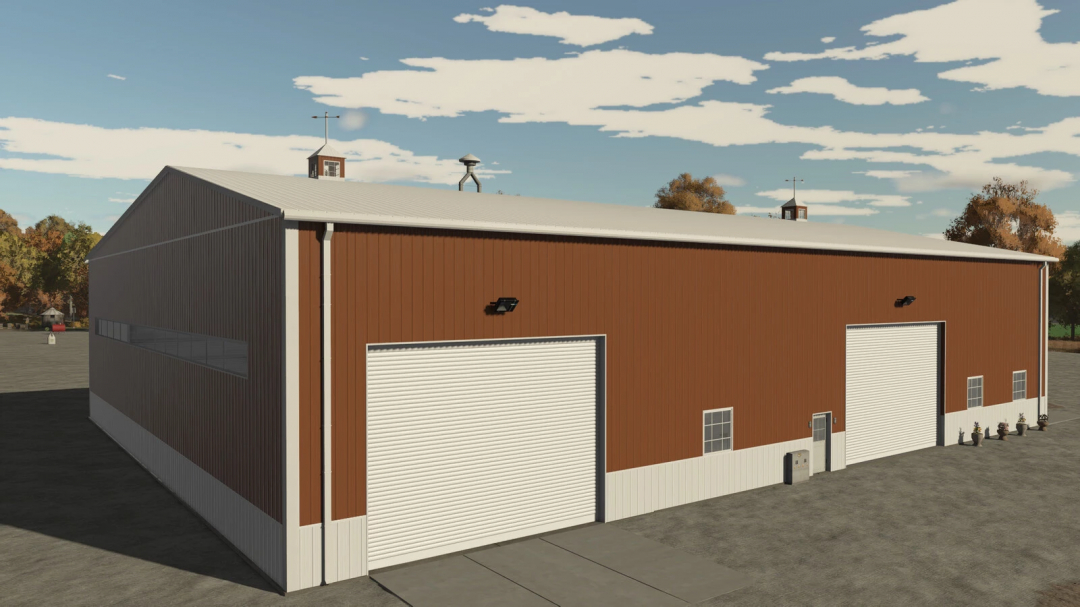 American Midwest Maintenance Shop mod in FS25 with a large metal building and roller doors.