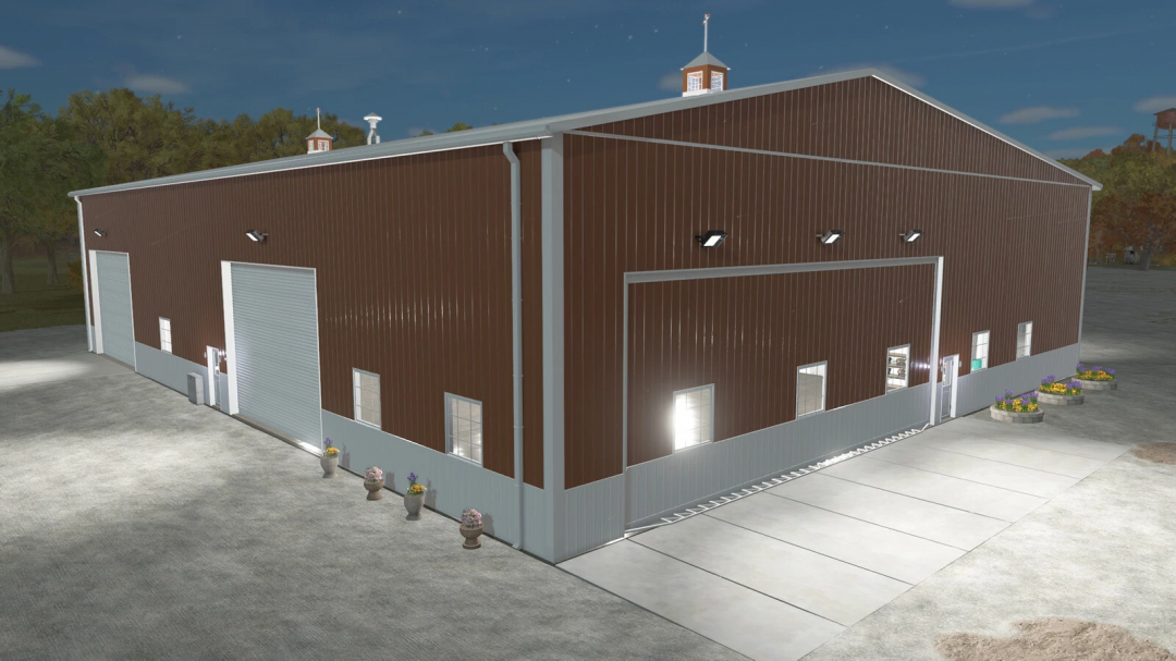 American Midwest Maintenance Shop mod for FS25, featuring a large brown and gray garage with overhead doors and lit exterior.