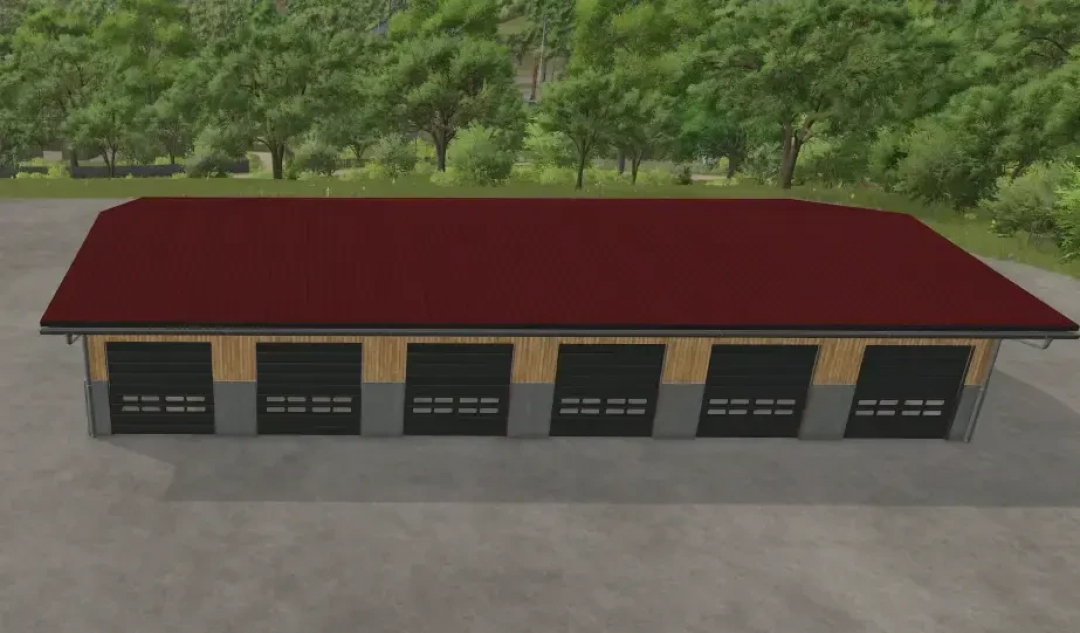 Large drive-through hall mod for FS25 with multiple garage doors, featuring a red roof and wooden exterior.