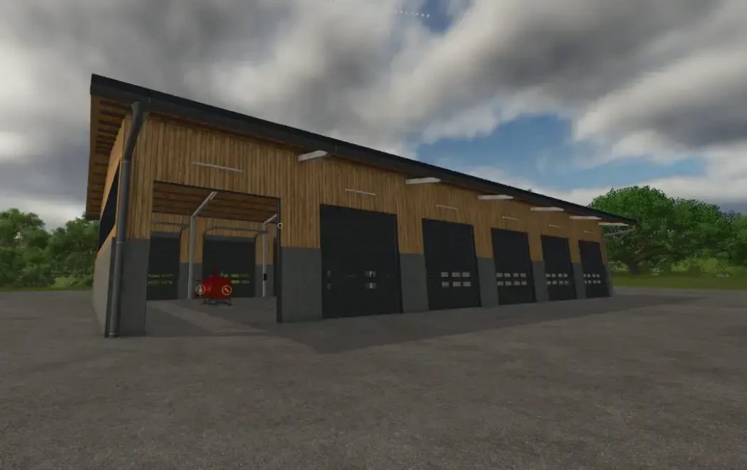 FS25 AustriaModding drive-through hall big, wooden exterior, multiple doors, open area, Farming Simulator 25 mods