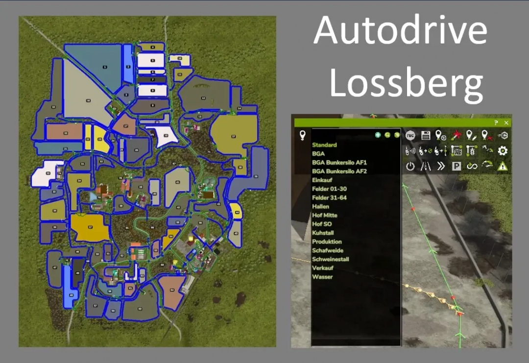 Map of Autodrive route network Lossberg for FS25 mod, showing detailed fields and navigation paths.