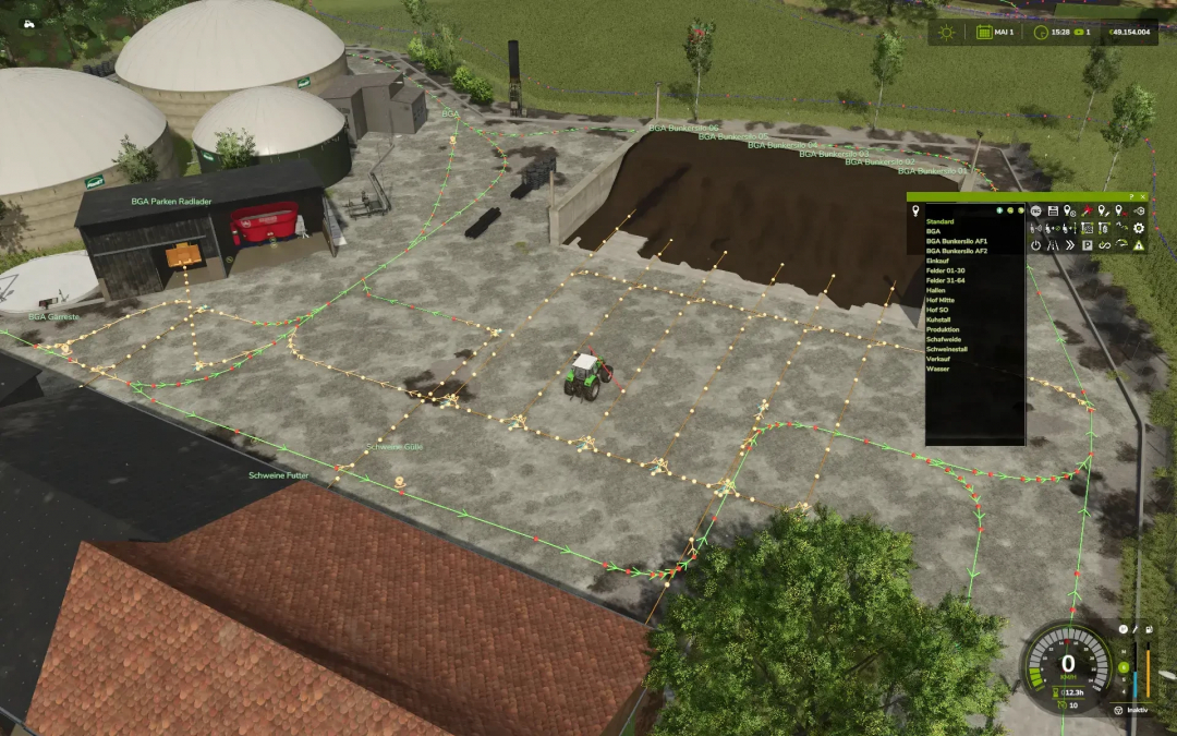 FS25 mod Autodrive route network Lossberg showing biogas plant paths with vehicle routes.