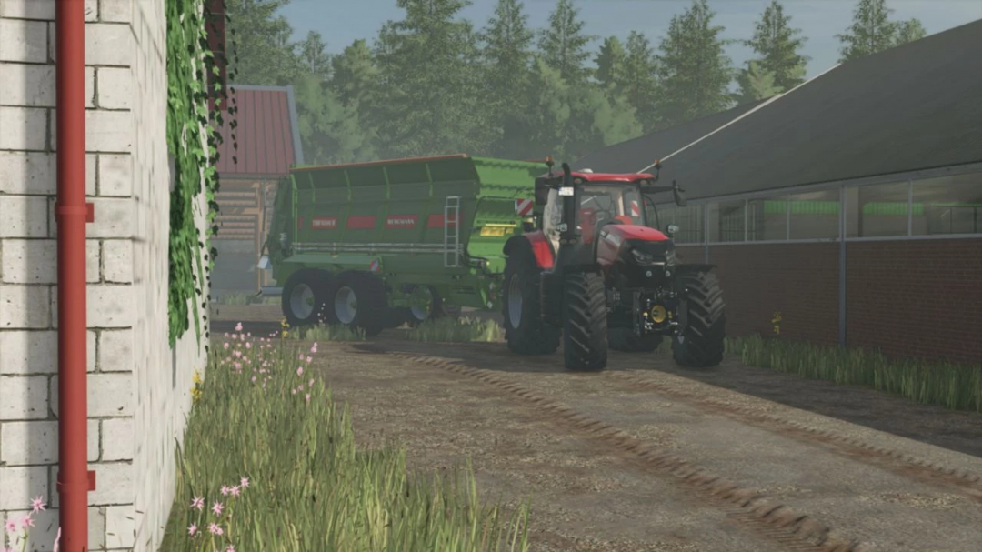 FS25 Bergschof mod: Red tractor with green trailer on a farm, surrounded by trees and buildings.