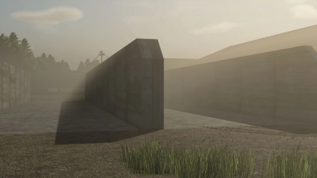 Bergschof v1.0.1.1 mod for FS25 showing farm buildings and a silo in misty sunlight.