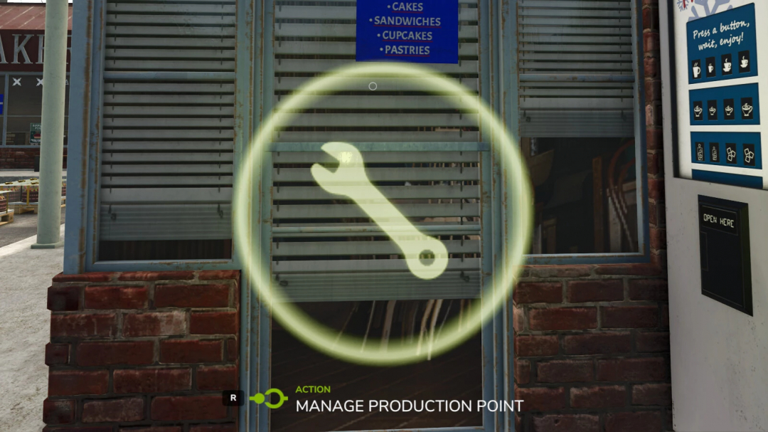 FS25 mod Better Context Actions v1.1.0.0 shows a wrench icon for managing production points in front of a bakery.