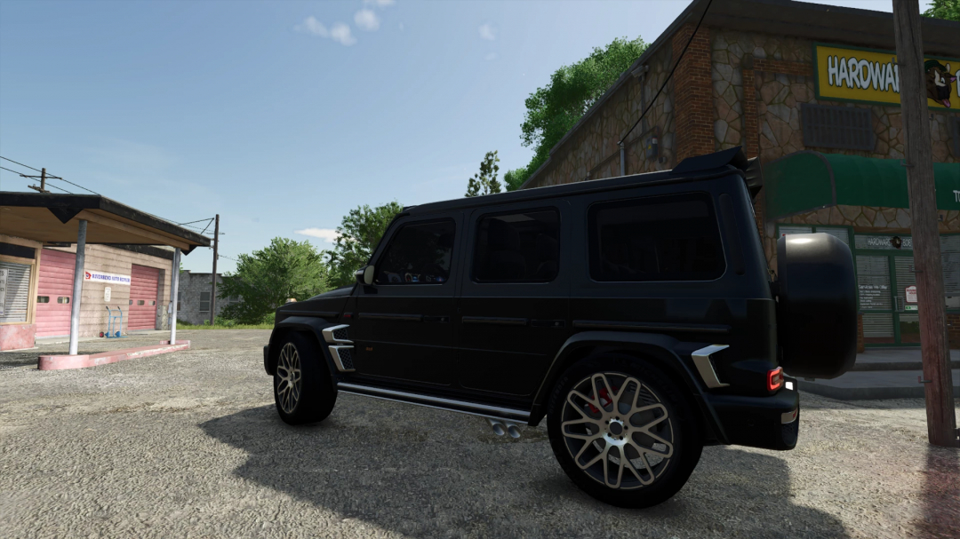 FS25 mod Brabus G800 v1.1.0.0, a black SUV, parked near a store in Farming Simulator 25.