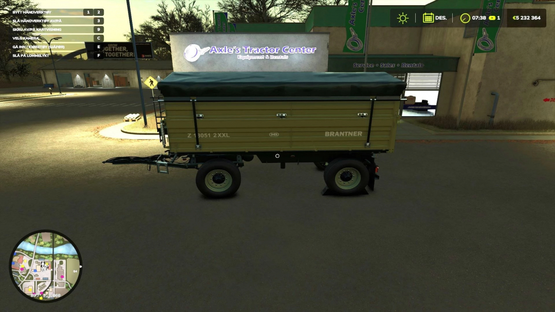 FS25 mod Brantner Power Flex trailer in front of Axle's Tractor Center.