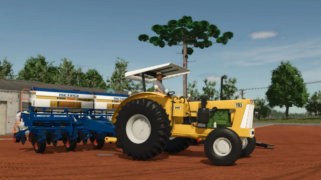 CBT 1105 BR v1.0.0.0 mod for FS25, yellow tractor with plow in a farm setting.