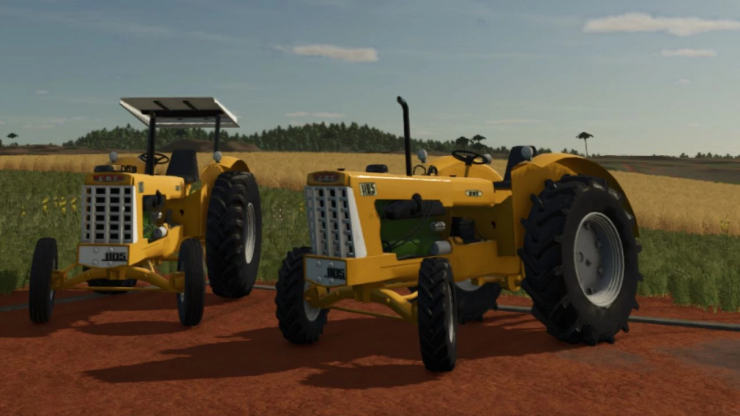 Yellow CBT 1105 BR tractors in Farming Simulator 25 mod on a dirt path near fields. FS25 mods showcase.