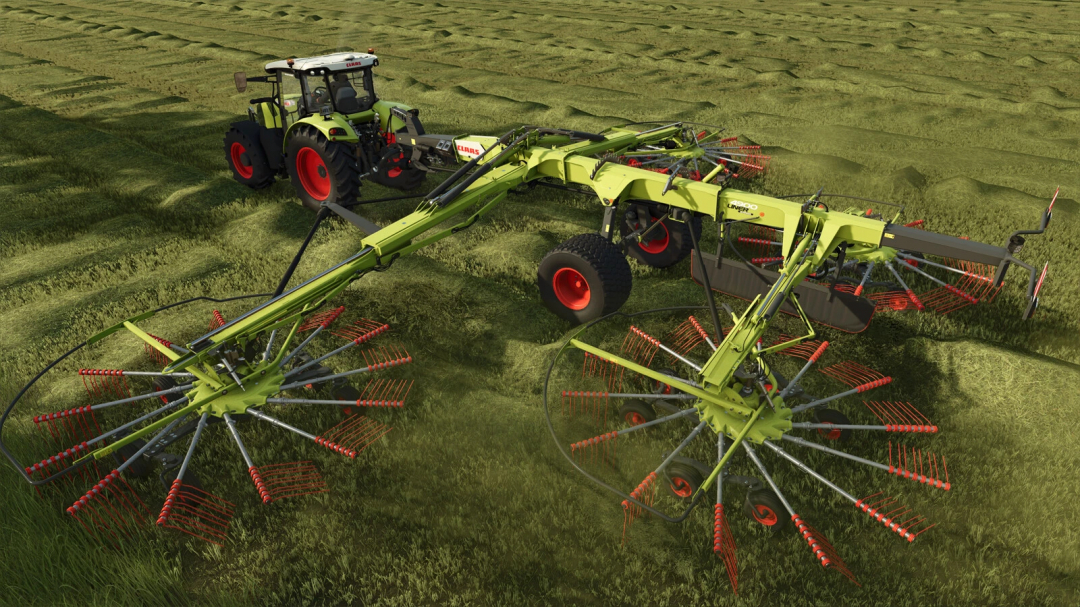 CLAAS Liner 4900 v1.0.0.0 mod in FS25 showing a tractor raking grass in a field, enhancing Farming Simulator 25 gameplay.