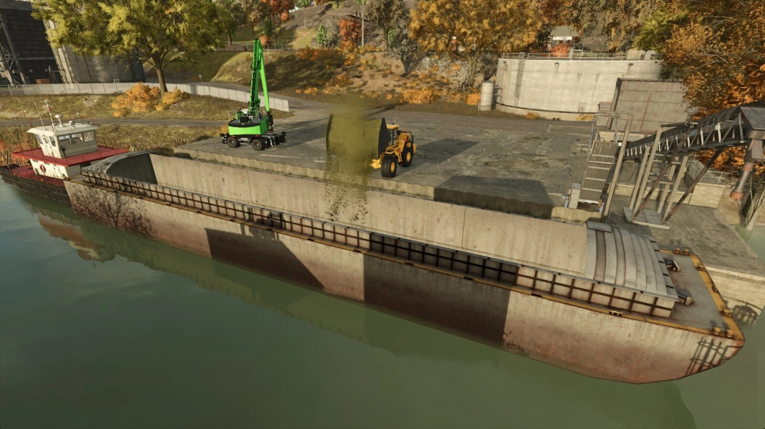 Cargo Ship mod in FS25 with crane and loader unloading cargo at harbor.