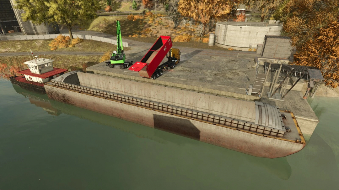 Cargo Ship mod v1.0.0.0 in FS25, depicting a barge with a crane and truck unloading on a riverside in Farming Simulator 25.